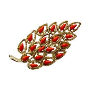 Gold Filigree Open Work Leaf Brooch with Orange Enamel by Gerrys